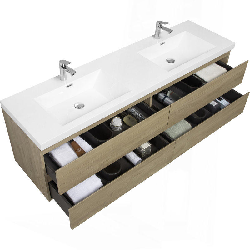 Meuble-lavabo mural 72 po avec lavabo 72 po, meuble-lavabo mural moderne avec lavabo à surface solide, Naturel