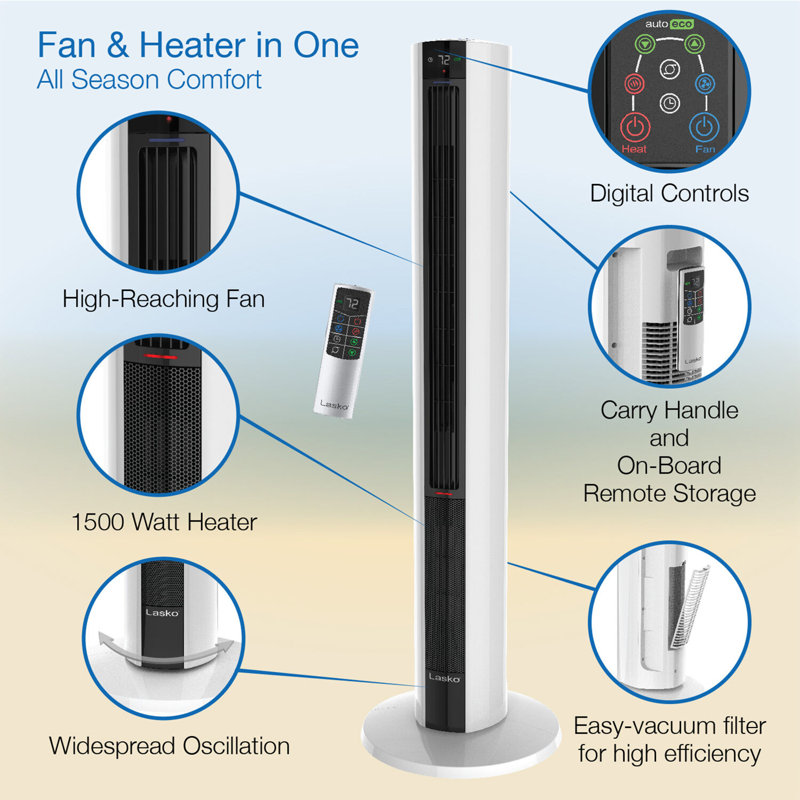 White Ceramic Tower Fan and Heater with Thermostat and Automatic Shut-off