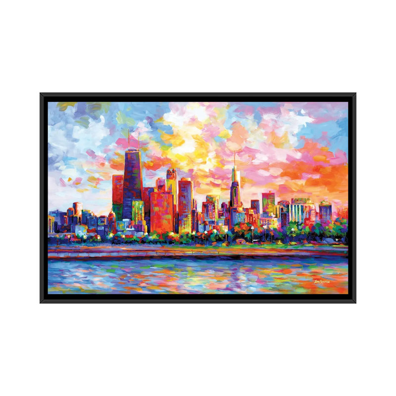 Chicago Skyline by Leon Devenice iCanvas, Black Floater Frame Canvas, 32" H x 48" W x 1.5" D