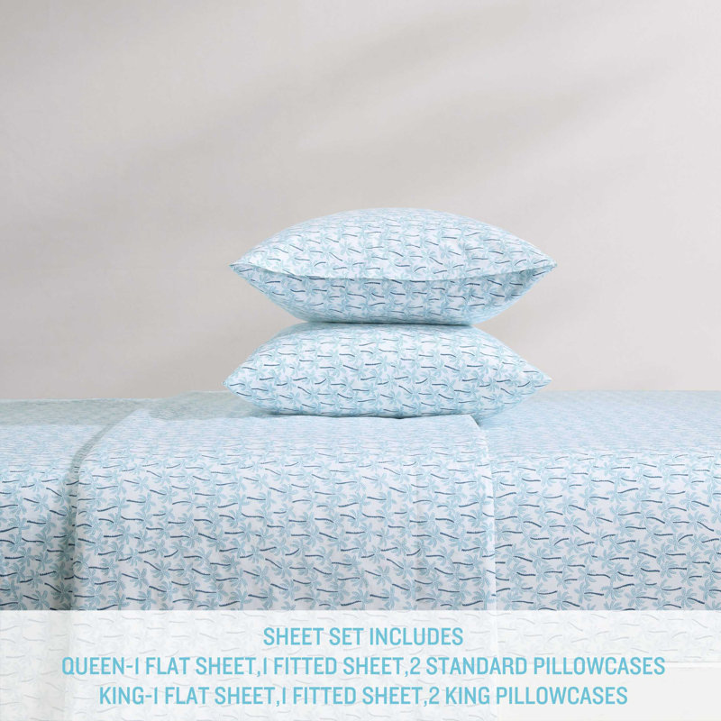 King Blue Cotton Percale Palm Print Sheet Set
