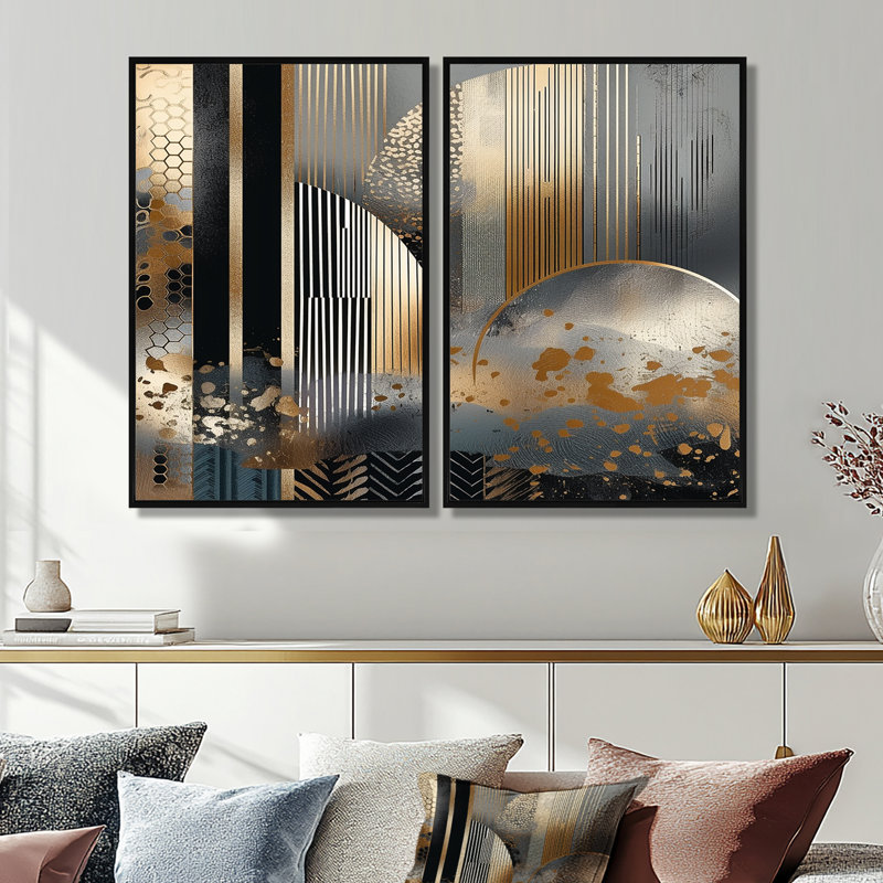 Fultz - art mural moderne doré, Noir, H 36 po x l 48 po, Reproduction avec cadre flottant