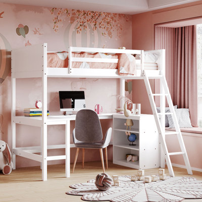 Lit mezzanine simple avec bureau et tablettes, lit mezzanine en bois blanc pour enfants