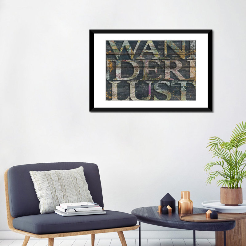 « wanderlusted reclaimed », art textuel sur toile, H 24 po x l 32 po x P 1 po, Papier d'art encadré noir, Blanc