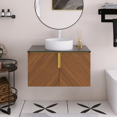 30" Espresso Woodgrain Color Wall-Mounted Bathroom Vanity,  Black Sintered Stone Countertop And White Round Ceramic Basin.