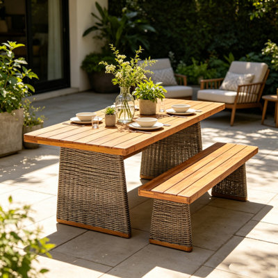 Ensemble de table de salle à manger d'extérieur en bois d'acacia avec 1 table et 1 banc, plateau de table à lattes et pieds en rotin tissé, ensemble de salle à manger rectangulaire résistant aux intempéries, gris