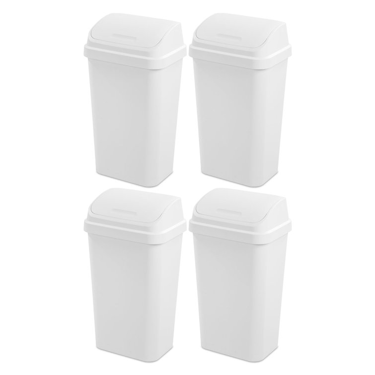 Sterilite 13 Gallon Plastic Swing Top Spave Saving Flat Side Lidded  Wastebasket Trash Can for Kitchen, Garage, or Workspace, Black (12 Pack)