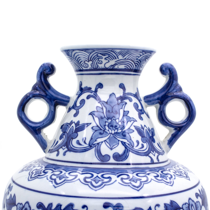 Blue and White Porcelain Floral Table Vase with Handles