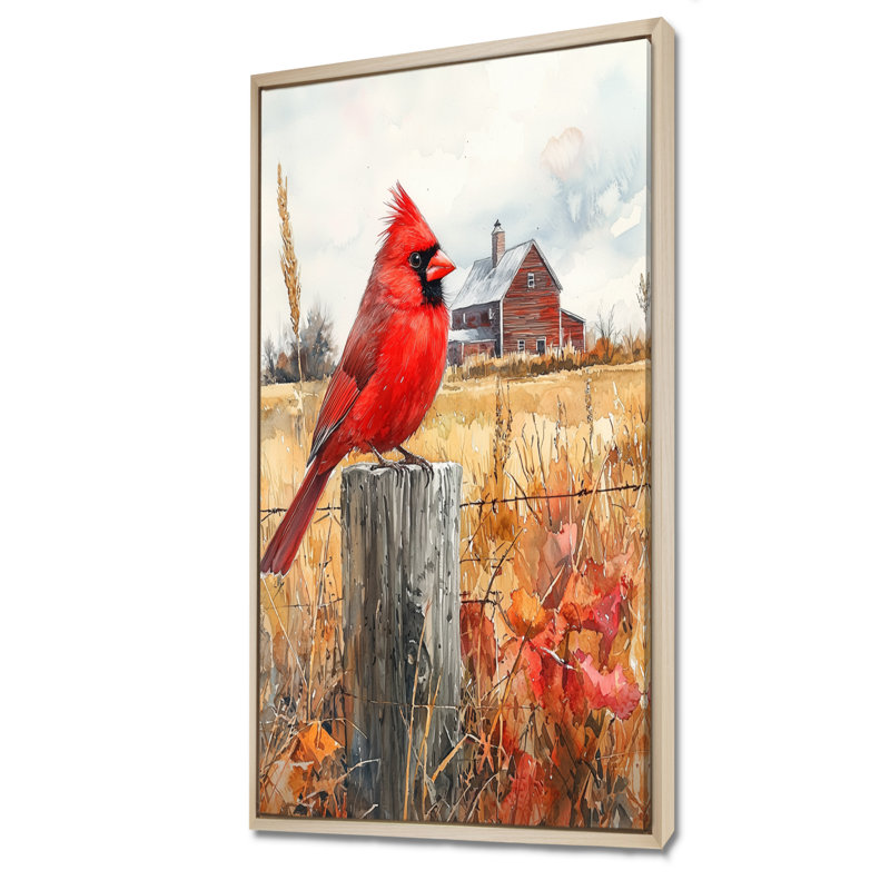 «Kohl Cardinal Bird» par The Farmhouse IV - Art mural oiseau, H 60 po x l 28 po, Impression encadrée flottante, Crème, crème