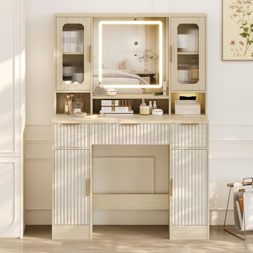 Vanity Desk with Mirror and Light, Makeup Dressing Table with 2 Glass Cabinets, 2 Large Cabinets & 3 Wavy Drawers, Grey