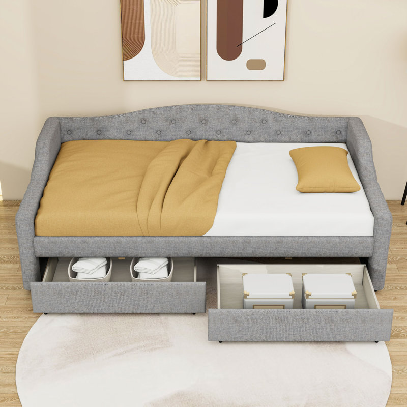 Twin XL Upholstered Daybed with Storage Drawers and LED Light, Gray