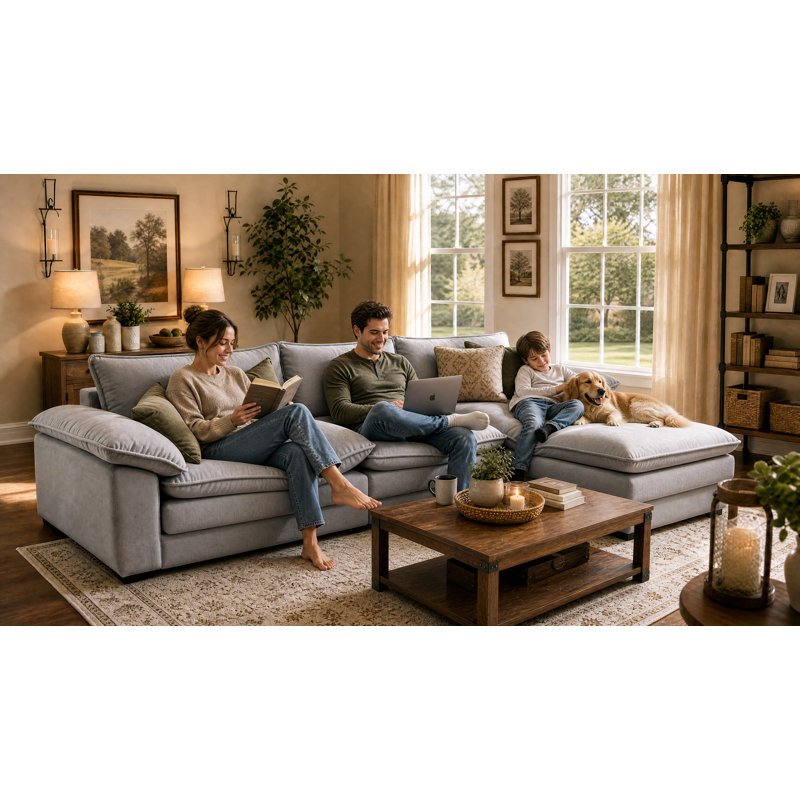 Canapé d'angle modulaire en L de 280 cm (110 po), recouvert de tissu, avec méridienne, grand canapé d'angle profond pour salon, gris pâle
