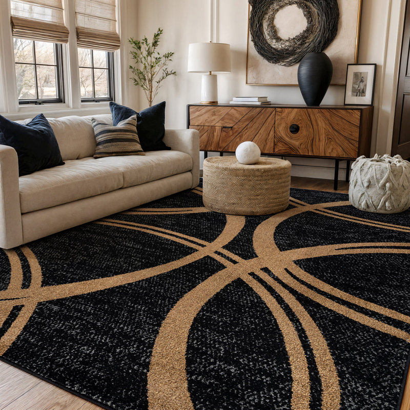 Arnaldur Geometric Black/Gray/White Area Rug, Rectangle 3'3" x 5', Camel