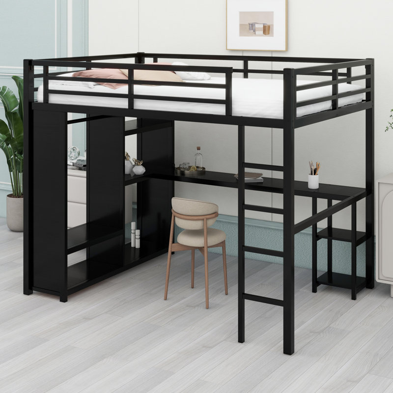Structure de lit mezzanine en métal avec garde-robe intégrée, bureau et tablettes de rangement