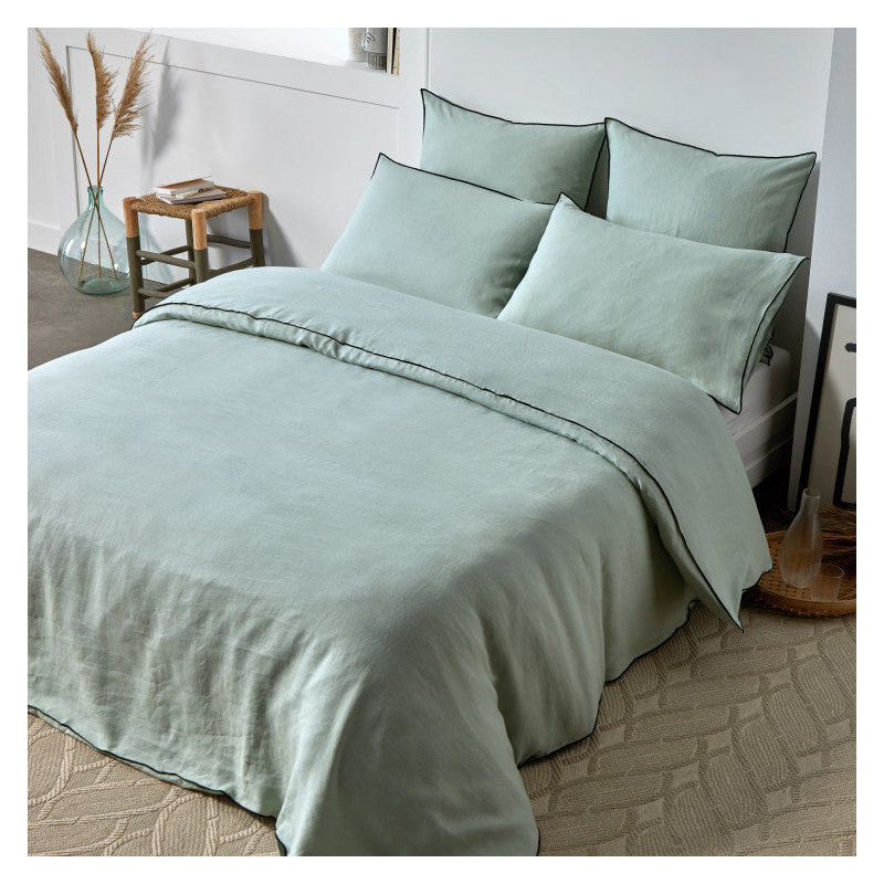 Carlina Linen, Polyester Solid Colour Duvet Cover, Emperor, Pale Green/Black Bourdon