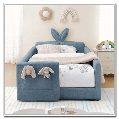 Boucle Fabric  Upholstered Platform Bed With Cute Rabbit Ear Shaped Headboard, With Safety Rail And Pocket