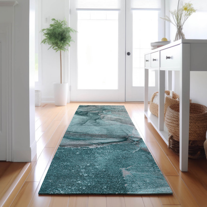 Premium Machine Washable Cerrito AMF524 Teal Rug, Runner 2'3" x 7'6"