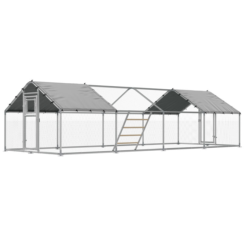 Très grand poulailler de 26 pi x 10 pi, poulailler de toit avec couvercle Spire, portes avant et arrière, porte d'alimentation, échelle de repos, structure en acier galvanisé