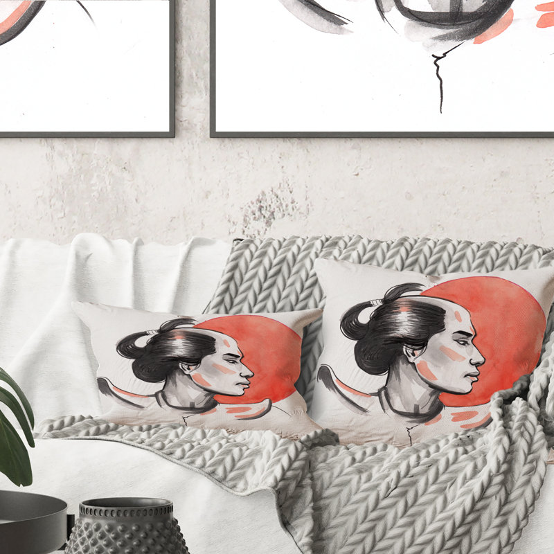 Coussin Samurai Warrior And Red Sun - Mid-Century Modern Printed 1