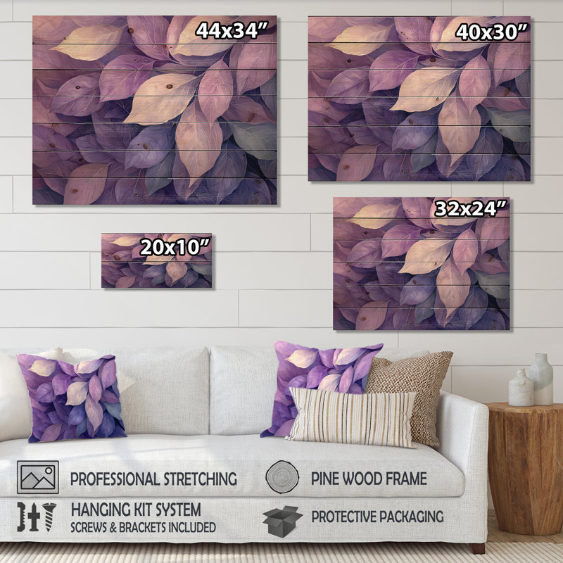 Toile lilas avec feuilles de forêt II - impression sur bois de feuilles - sur bois de pin naturel, H 24 po x l 32 po