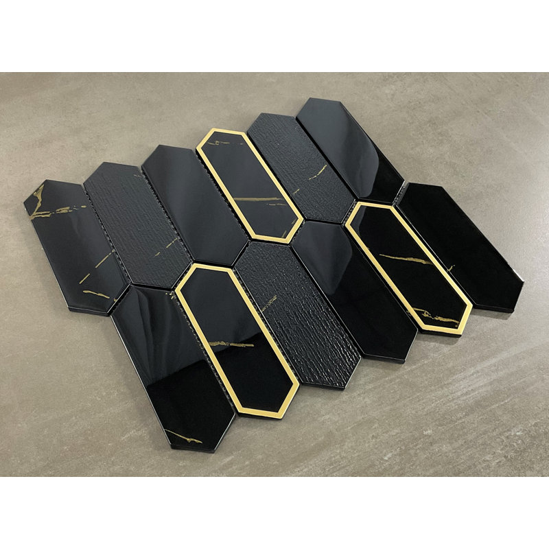 Glass Mosaic Wall Tile, Black & Gold Glazed