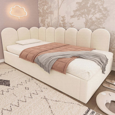 Upholstered Bed Daybed With Pull-Out Bed, Twin Size Single Sofa Bed,Guest Beds For Adults And Children, Bed With Metal Slatted Frame, Velvet, Beige (Without Mattress)