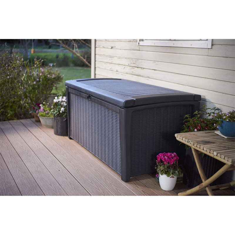 Gray Plastic Wicker Lockable Deck Storage Box Bench