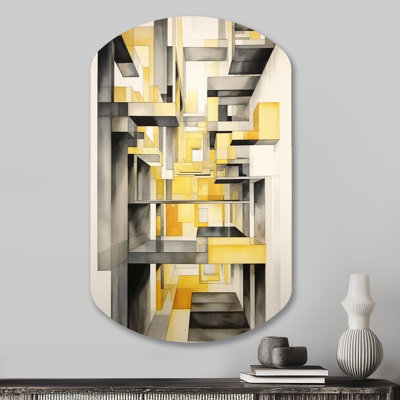 Yellow and Grey Intersecting Realities II - Abstract Shapes Cylinder Metal Wall Decor, Yellow Asymmetrical Metal Art Print