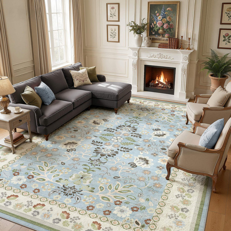 Washable Floral Boho Area Rug Modern with Non-Slip Backing for Living Room Bedroom-Blue, Rectangle 10' x 14', Blue