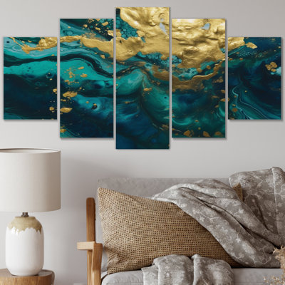 Bleu sarcelle et or liquide «Magic I», reproduction d'art abstrait - 5 panneaux