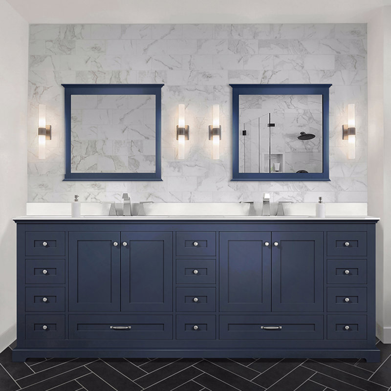 Ensemble de meuble-lavabo double l 84 po x P 22 po avec comptoir en quartz blanc et robinet, Bleu