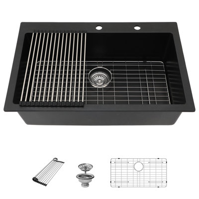 33" Granite Kitchen Sink Drop In Topmount Black Quartz Classic