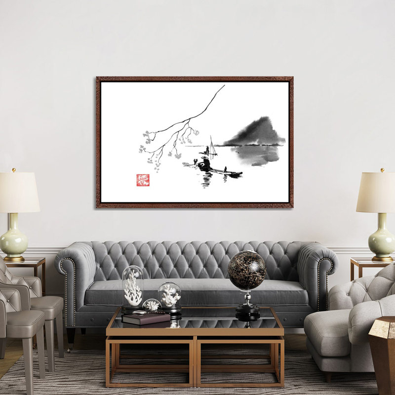 Lake by Péchane - Painting on Canvas, 152.5 cm H x 101.5 cm W, Classic Brown Wood Framed