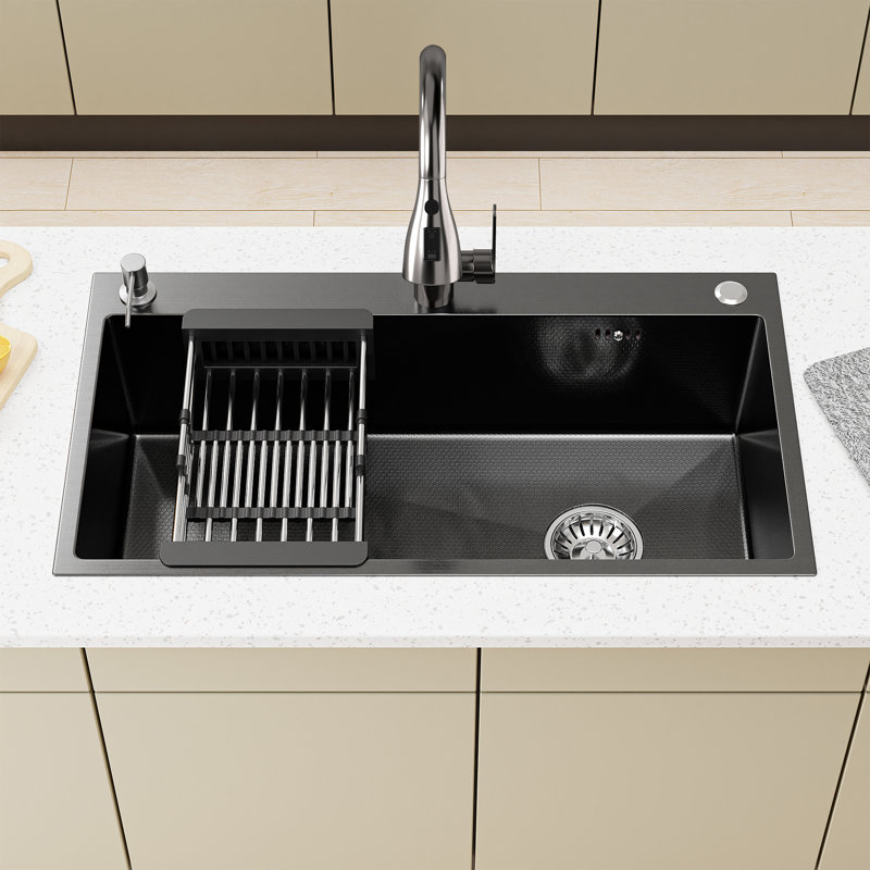 Évier de cuisine 28 po à cuve simple en acier inoxydable, Bronze industriel-noir