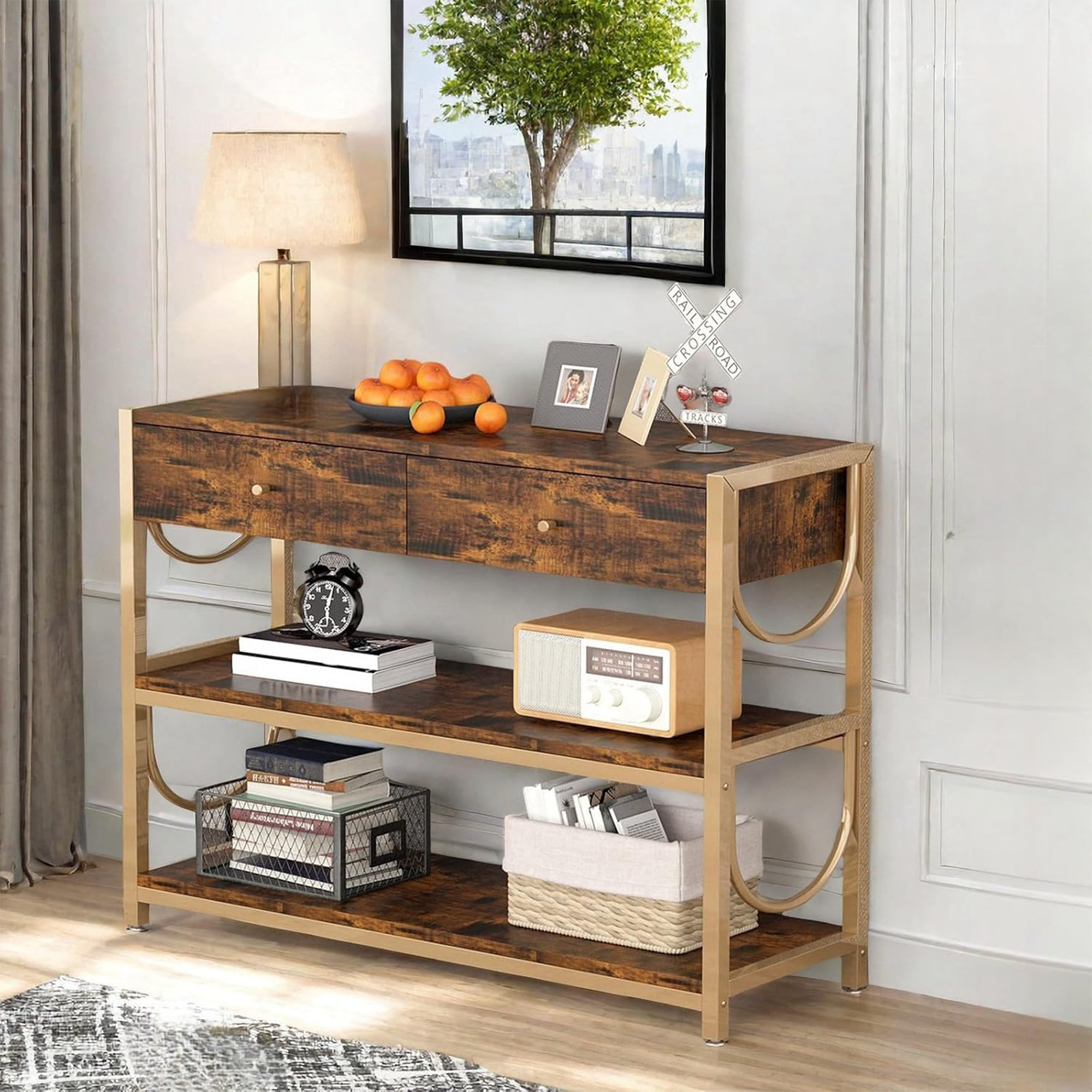 17 Stories Console Table With Drawers And 3-Tier Storage Shelves, Sofa ...
