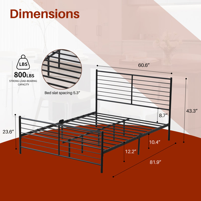 Modern Horizontal Slat Metal Bed Frame with Headboard and Footboard, BLACK, QUEEN