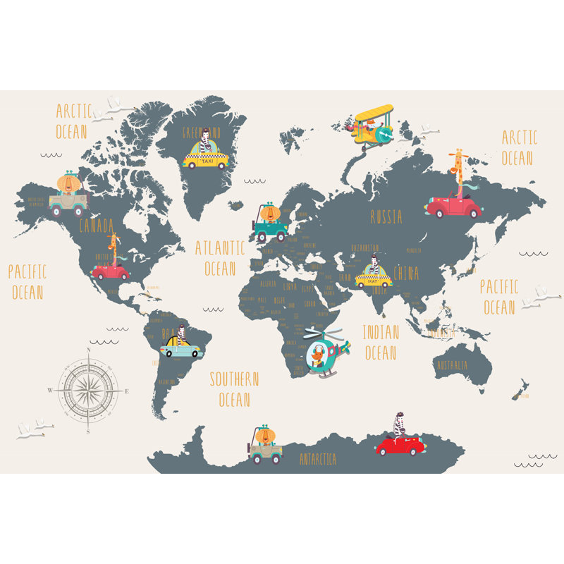 Murale carte du monde et dessin d'animaux, Gris foncé, L 114 po x l 204 po