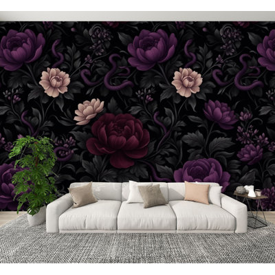 Peel and Stick Wallpaper Dark Floral Purple Flowers Hidden Snakes Gothic Botanical Wall Murals 100"H x 144"W Removable PVC Wall Paper Self-Adhesive Wall Decor for Bedroom Living Room Nursery