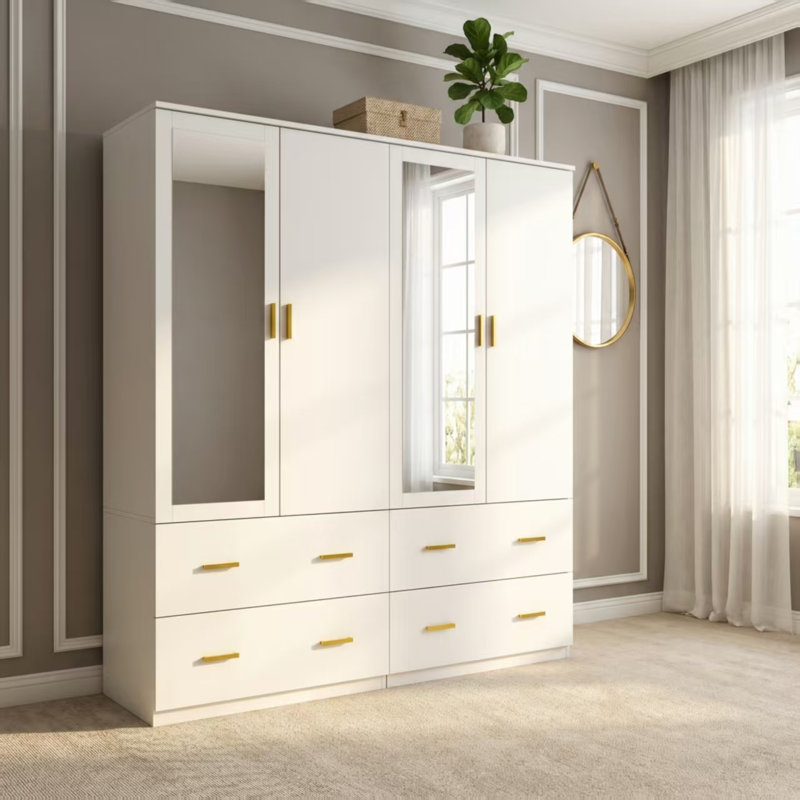 Grande armoire 63 "avec miroir et 4 tiroirs, Blanc