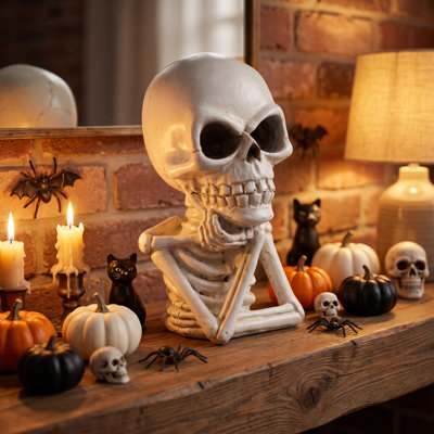 Thinking Skeleton Bust Statue, Resin Skeleton Figurine Halloween Gothic Tabletop Decor