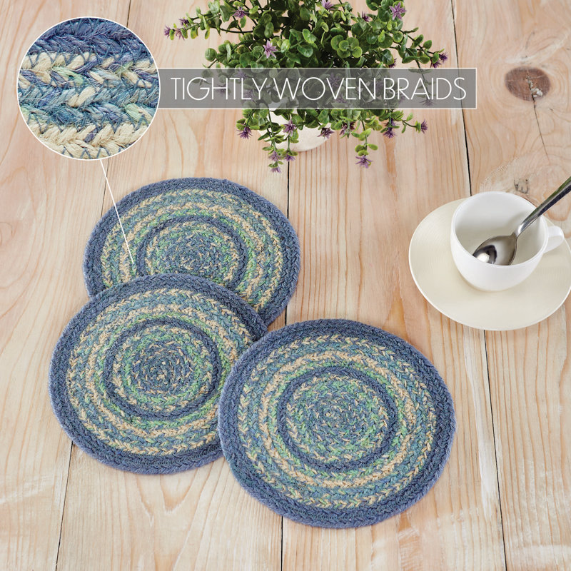 Jolie Blue and Green Jute Round Trivet Set of 3