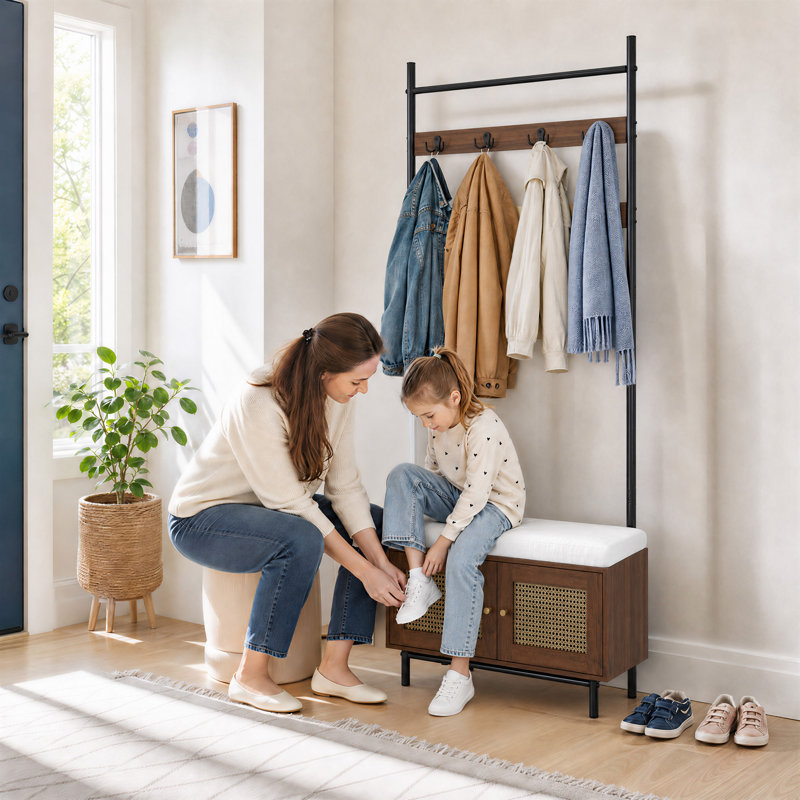 Porte-manteau avec tablette à chaussures, meuble d'entrée avec banc, rangement à chaussures en rotin avec crochets pour entrée, placard, robuste