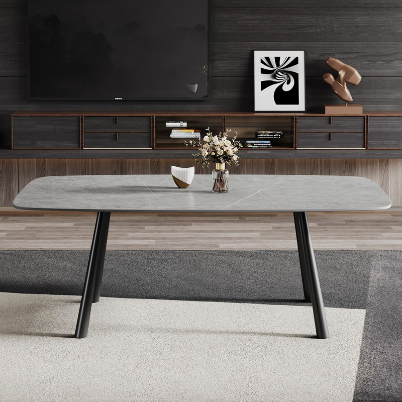 Table de salle à manger moderne en faux marbre de 70,9 po de largeur avec quatre pieds en acier au carbone, plateau de roche résistant à la chaleur pour salle à manger, style industriel