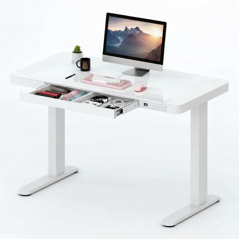 Bureau debout à hauteur ajustable avec tiroir Home Office, H 46,5 po x l 47,4 po x P 23,7 po, Blanc brillant / blanc