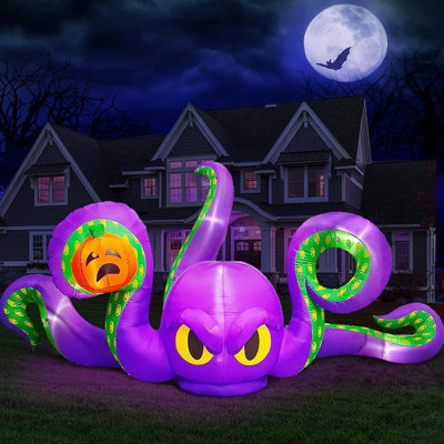Giant Halloween Inflatable Purple Octopus with Sticky Pumpkin and LED Lights, Blow Up Outdoor Decoration for Yard, Lawn, Garden, Party, Carnival, Storefront and Halloween Events