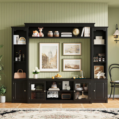 Meuble télé tout-en-un moderne avec bibliothèque pour téléviseur de 65 po ou moins, centre de divertissement avec 4 tablettes réglables, portes en verre trempé, armoire de rangement, grand meuble télé