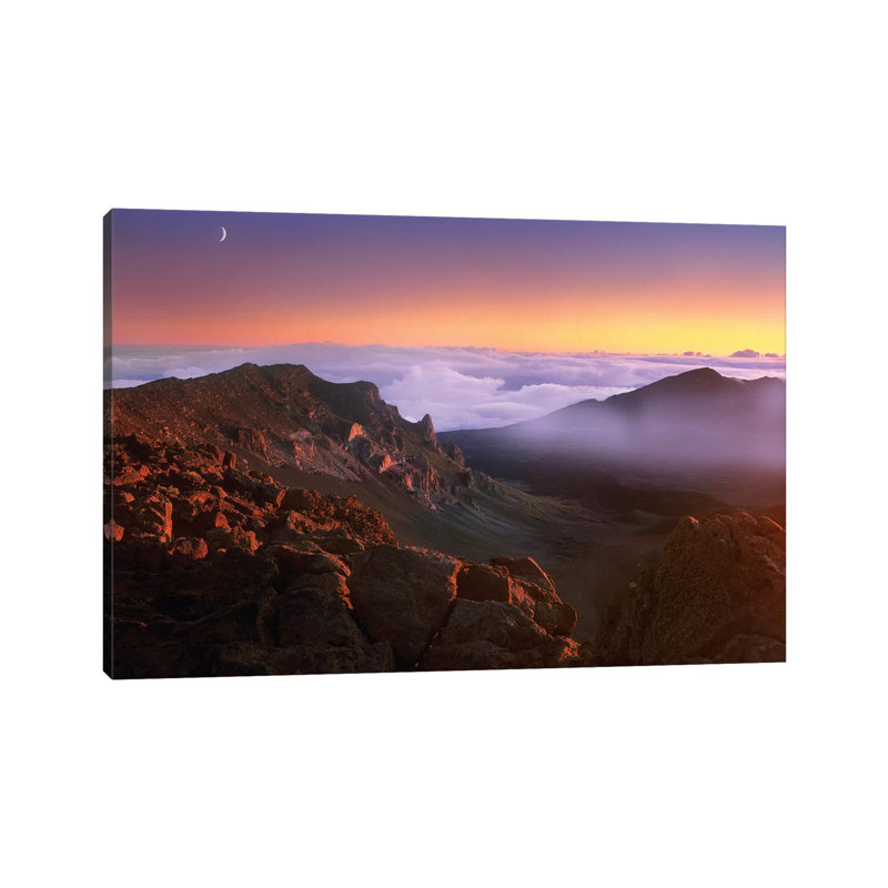Sunrise And Crescent Moon Overlooking Haleakala Crater, Maui, Hawaii by Tim Fitzharris - Wrapped Canvas Print