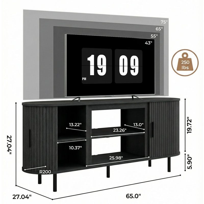 Meuble télé 65 po Mid Century Modern, Noir