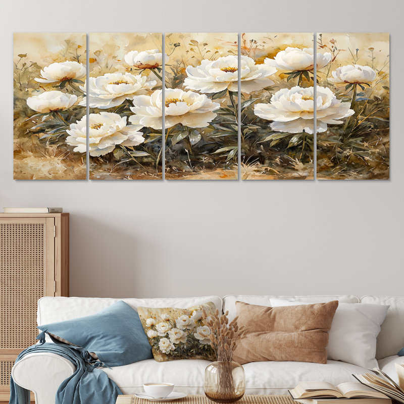 Pivoines dans la prairie de montagne II - pivoines, art mural - décoration murale traditionnelle Wa, 5, H 32 po x l 80 po