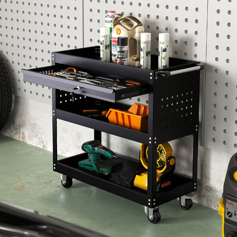 Livingandhome 3-Tier Rolling Tool Cart with Lockable Drawer