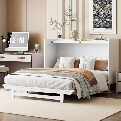 Queen Murphy Bed with Iron Legs, Modern Space-Saving Wall Bed, Foldable Bed for Bedroom, White Finish